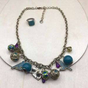 Vintage style Red Herring brassy gold tone charm necklace free ring